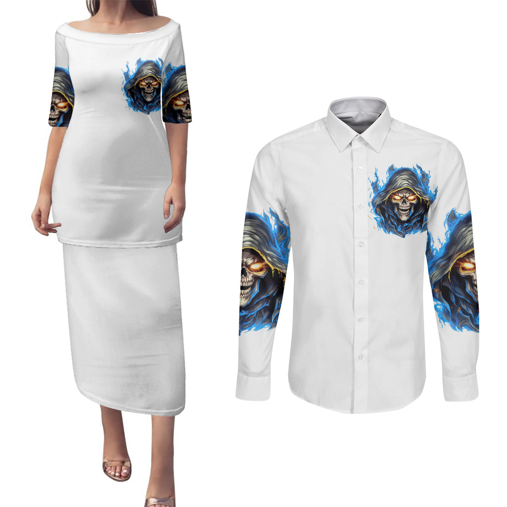 Death Skull Couples Matching Puletasi Dress and Long Sleeve Button Shirts Walk Away I Have Anger Issues And Dislike For Stupod People - Wonder Print Shop