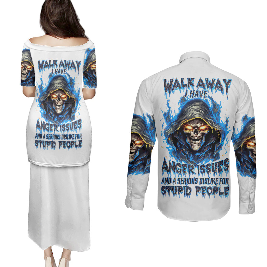 Death Skull Couples Matching Puletasi Dress and Long Sleeve Button Shirts Walk Away I Have Anger Issues And Dislike For Stupod People - Wonder Print Shop