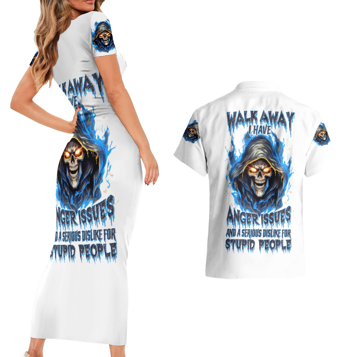 Death Skull Couples Matching Short Sleeve Bodycon Dress and Hawaiian Shirt Walk Away I Have Anger Issues And Dislike For Stupod People - Wonder Print Shop