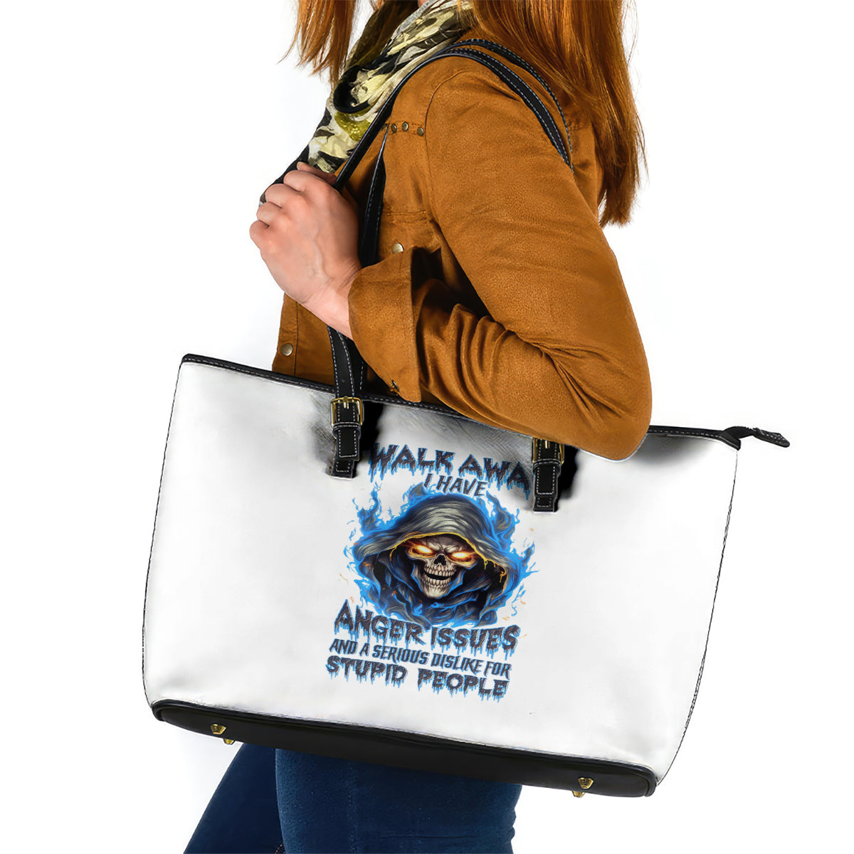 Death Skull Leather Tote Bag Walk Away I Have Anger Issues And Dislike For Stupod People - Wonder Print Shop