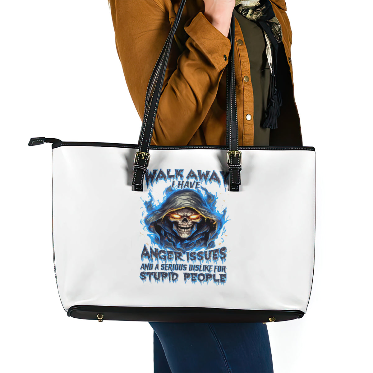 Death Skull Leather Tote Bag Walk Away I Have Anger Issues And Dislike For Stupod People - Wonder Print Shop