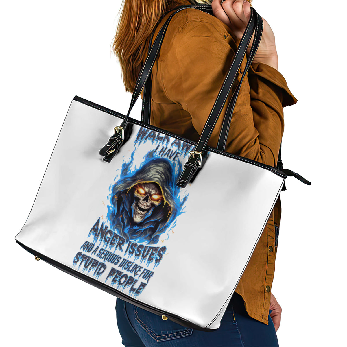Death Skull Leather Tote Bag Walk Away I Have Anger Issues And Dislike For Stupod People - Wonder Print Shop