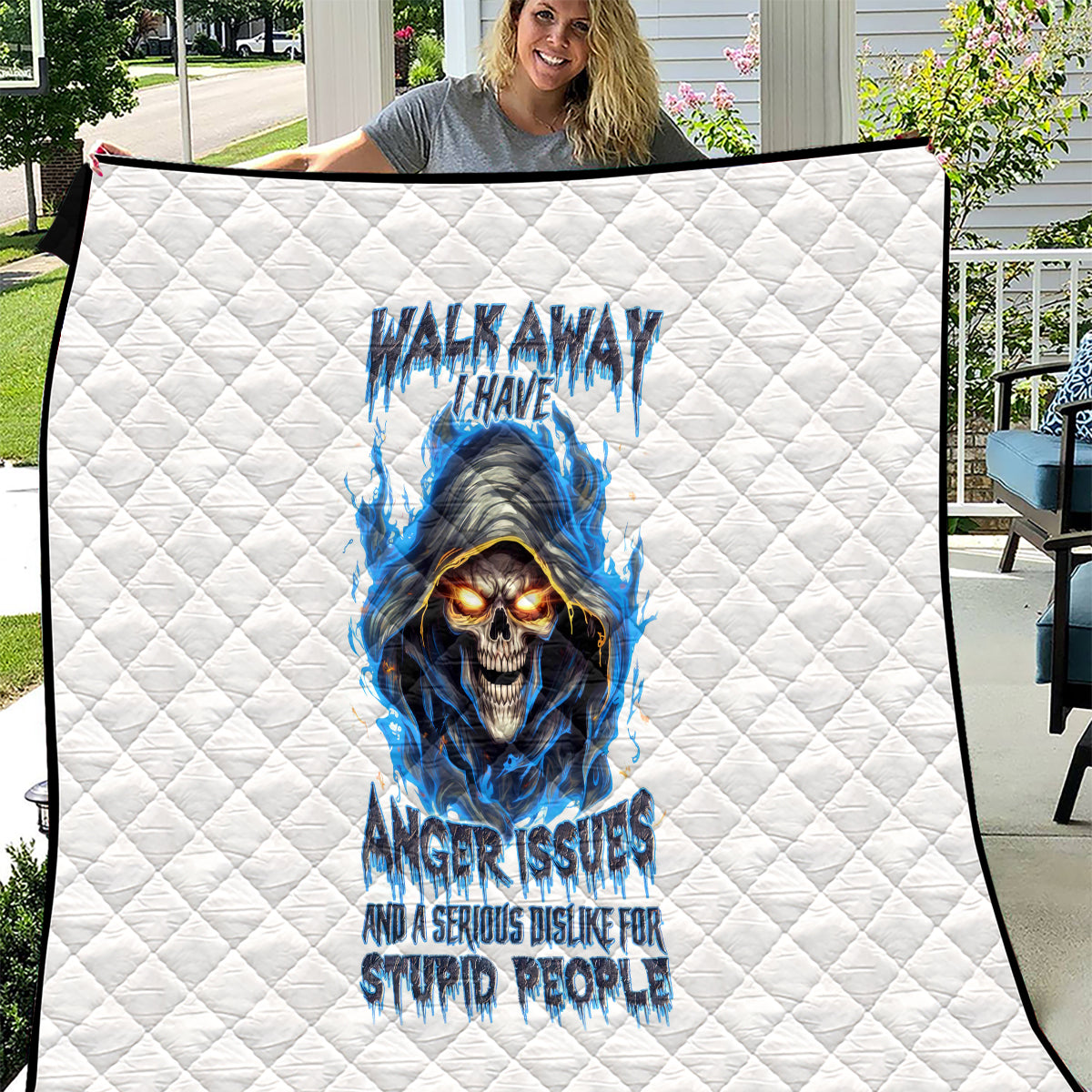 Death Skull Quilt Walk Away I Have Anger Issues And Dislike For Stupod People - Wonder Print Shop
