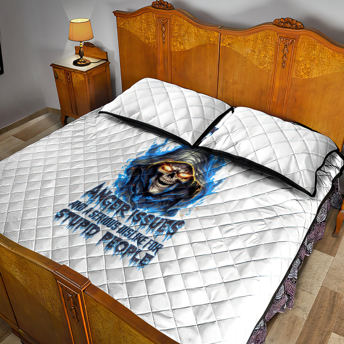 Death Skull Quilt Bed Set Walk Away I Have Anger Issues And Dislike For Stupod People - Wonder Print Shop