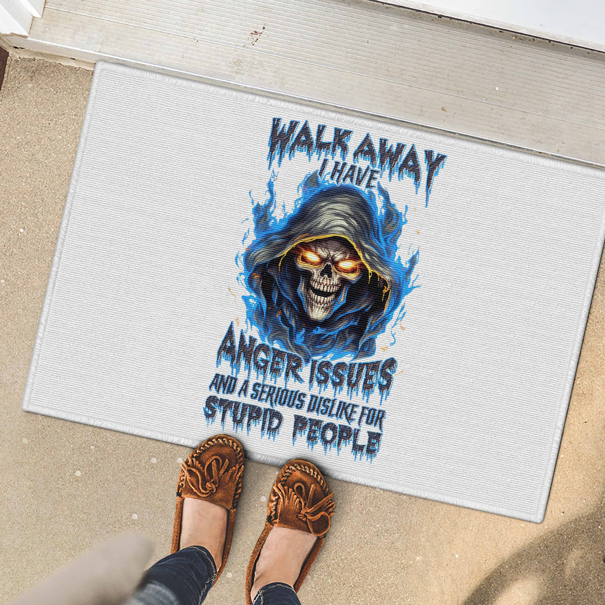 Death Skull Rubber Doormat Walk Away I Have Anger Issues And Dislike For Stupod People - Wonder Print Shop