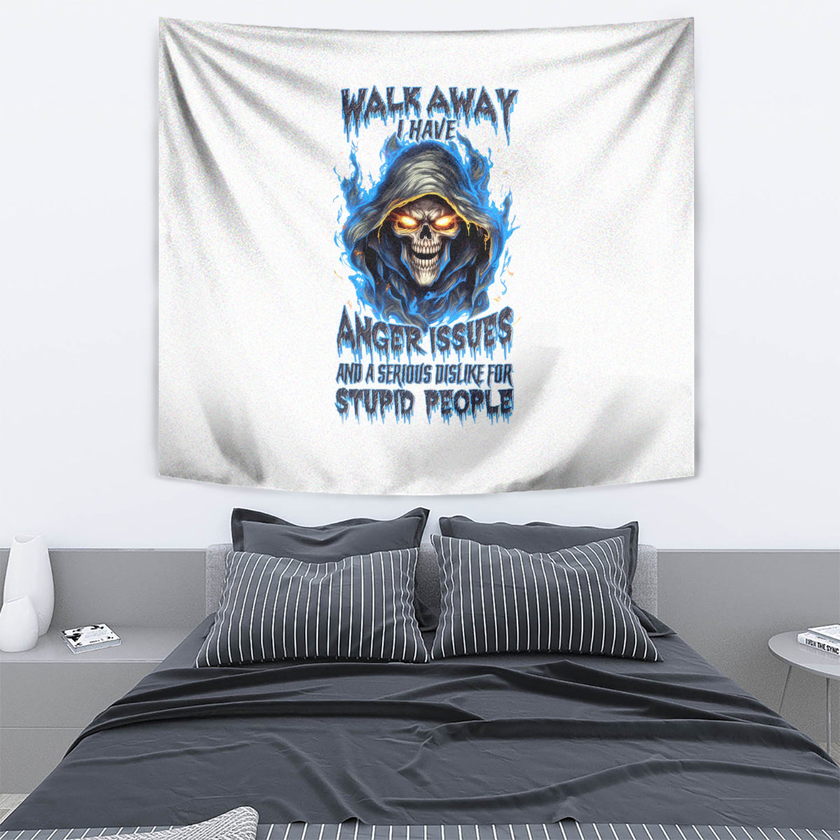Death Skull Tapestry Walk Away I Have Anger Issues And Dislike For Stupod People - Wonder Print Shop