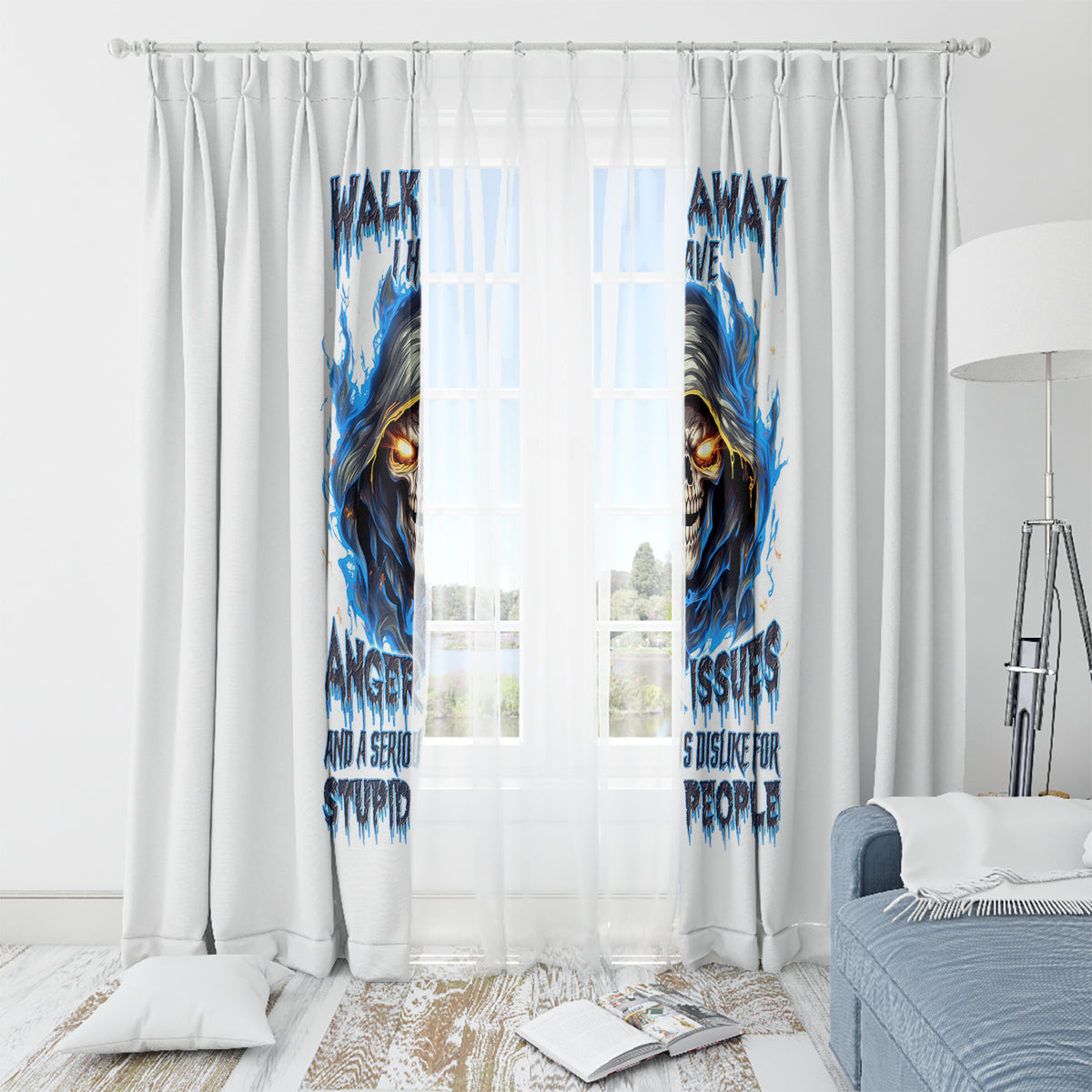 Death Skull Window Curtain Walk Away I Have Anger Issues And Dislike For Stupod People - Wonder Print Shop