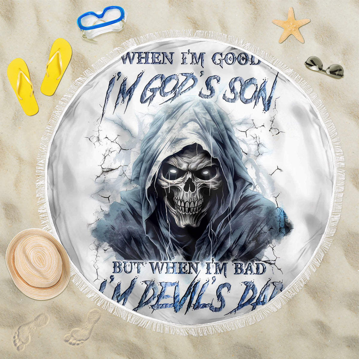 Death Skull Beach Blanket When I'm Good I God's Son But When I'm Bad I'm Devil's Dad - Wonder Print Shop