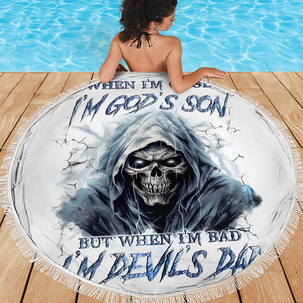 Death Skull Beach Blanket When I'm Good I God's Son But When I'm Bad I'm Devil's Dad - Wonder Print Shop