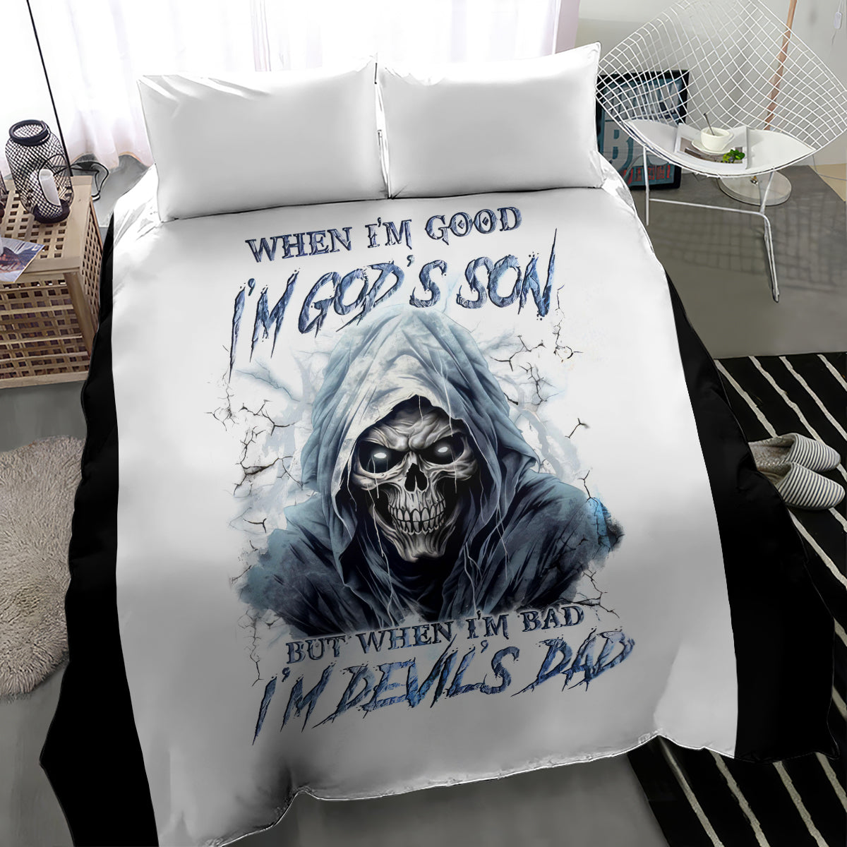 Death Skull Bedding Set When I'm Good I God's Son But When I'm Bad I'm Devil's Dad - Wonder Print Shop