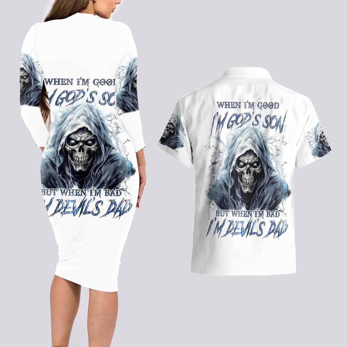Death Skull Couples Matching Long Sleeve Bodycon Dress and Hawaiian Shirt When I'm Good I God's Son But When I'm Bad I'm Devil's Dad - Wonder Print Shop