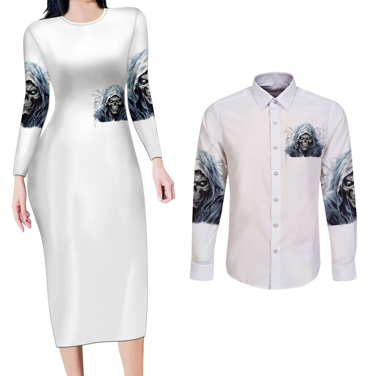 Death Skull Couples Matching Long Sleeve Bodycon Dress and Long Sleeve Button Shirts When I'm Good I God's Son But When I'm Bad I'm Devil's Dad - Wonder Print Shop