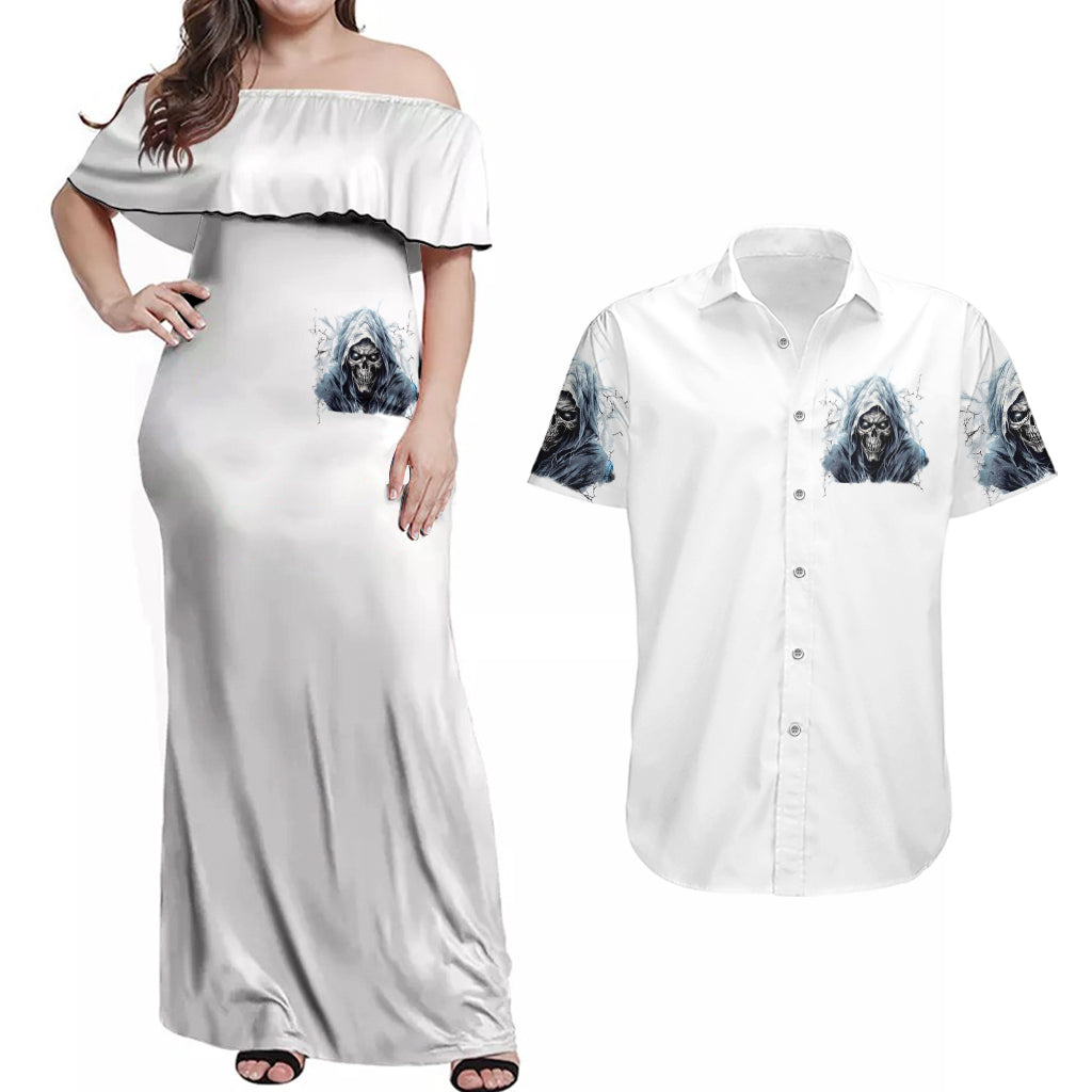 Death Skull Couples Matching Off Shoulder Maxi Dress and Hawaiian Shirt When I'm Good I God's Son But When I'm Bad I'm Devil's Dad - Wonder Print Shop