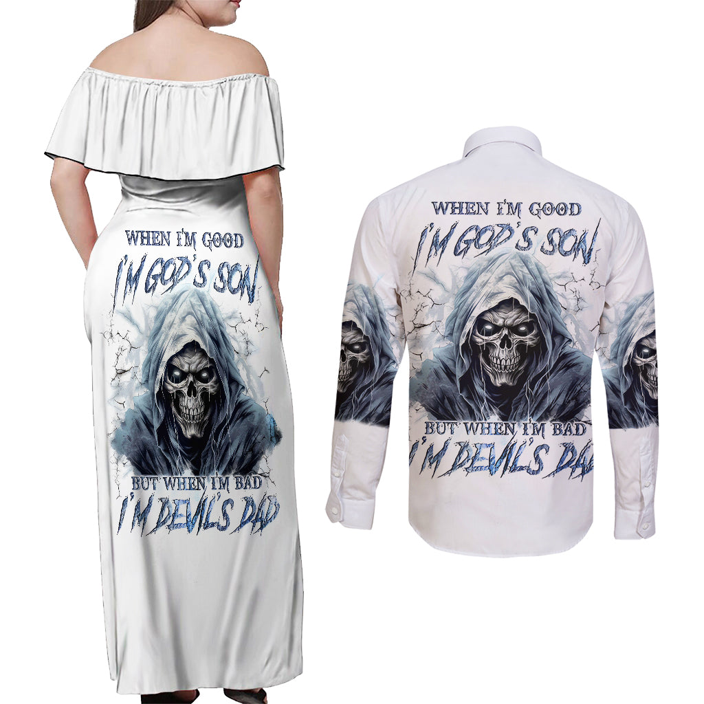 Death Skull Couples Matching Off Shoulder Maxi Dress and Long Sleeve Button Shirts When I'm Good I God's Son But When I'm Bad I'm Devil's Dad - Wonder Print Shop