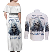 Death Skull Couples Matching Off Shoulder Maxi Dress and Long Sleeve Button Shirts When I'm Good I God's Son But When I'm Bad I'm Devil's Dad - Wonder Print Shop