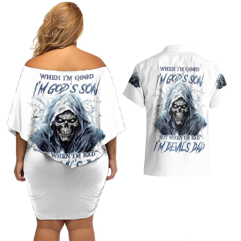 Death Skull Couples Matching Off Shoulder Short Dress and Hawaiian Shirt When I'm Good I God's Son But When I'm Bad I'm Devil's Dad - Wonder Print Shop