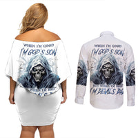 Death Skull Couples Matching Off Shoulder Short Dress and Long Sleeve Button Shirts When I'm Good I God's Son But When I'm Bad I'm Devil's Dad - Wonder Print Shop