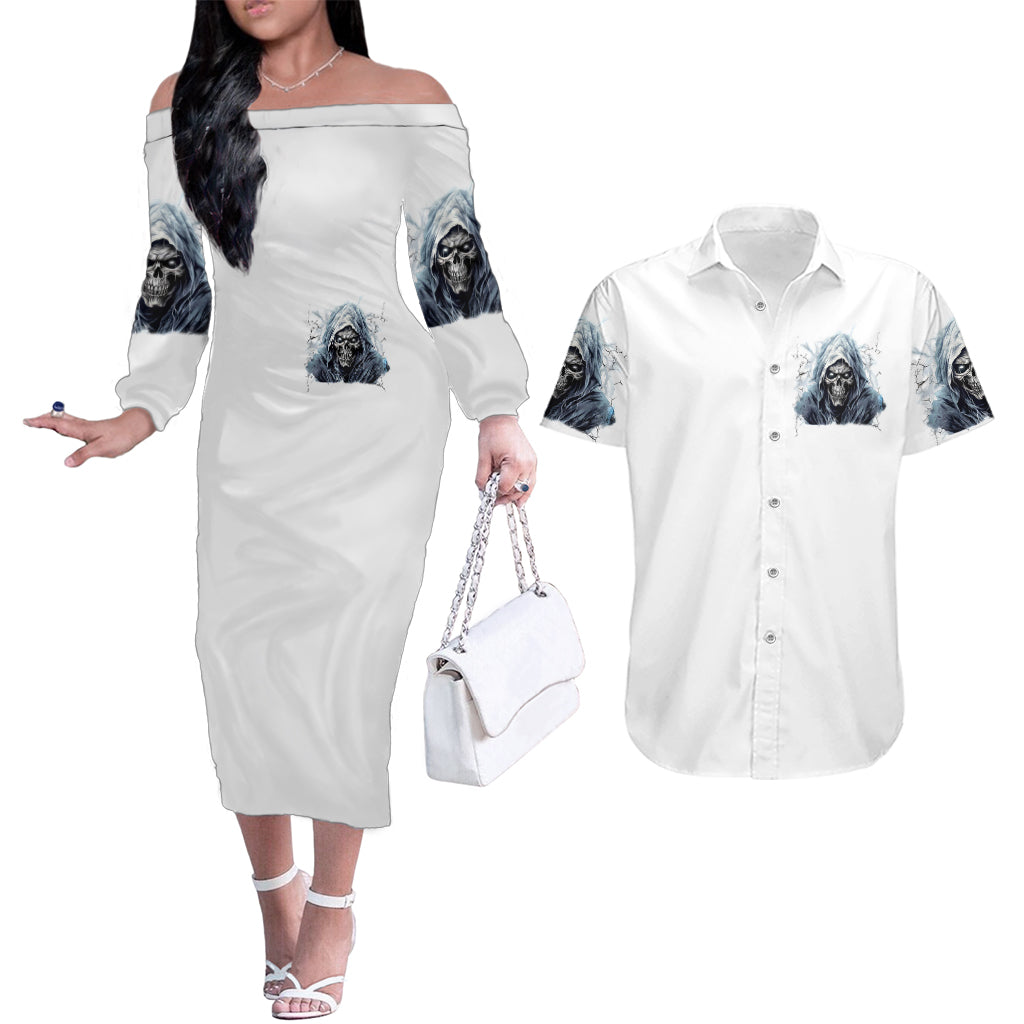 Death Skull Couples Matching Off The Shoulder Long Sleeve Dress and Hawaiian Shirt When I'm Good I God's Son But When I'm Bad I'm Devil's Dad - Wonder Print Shop