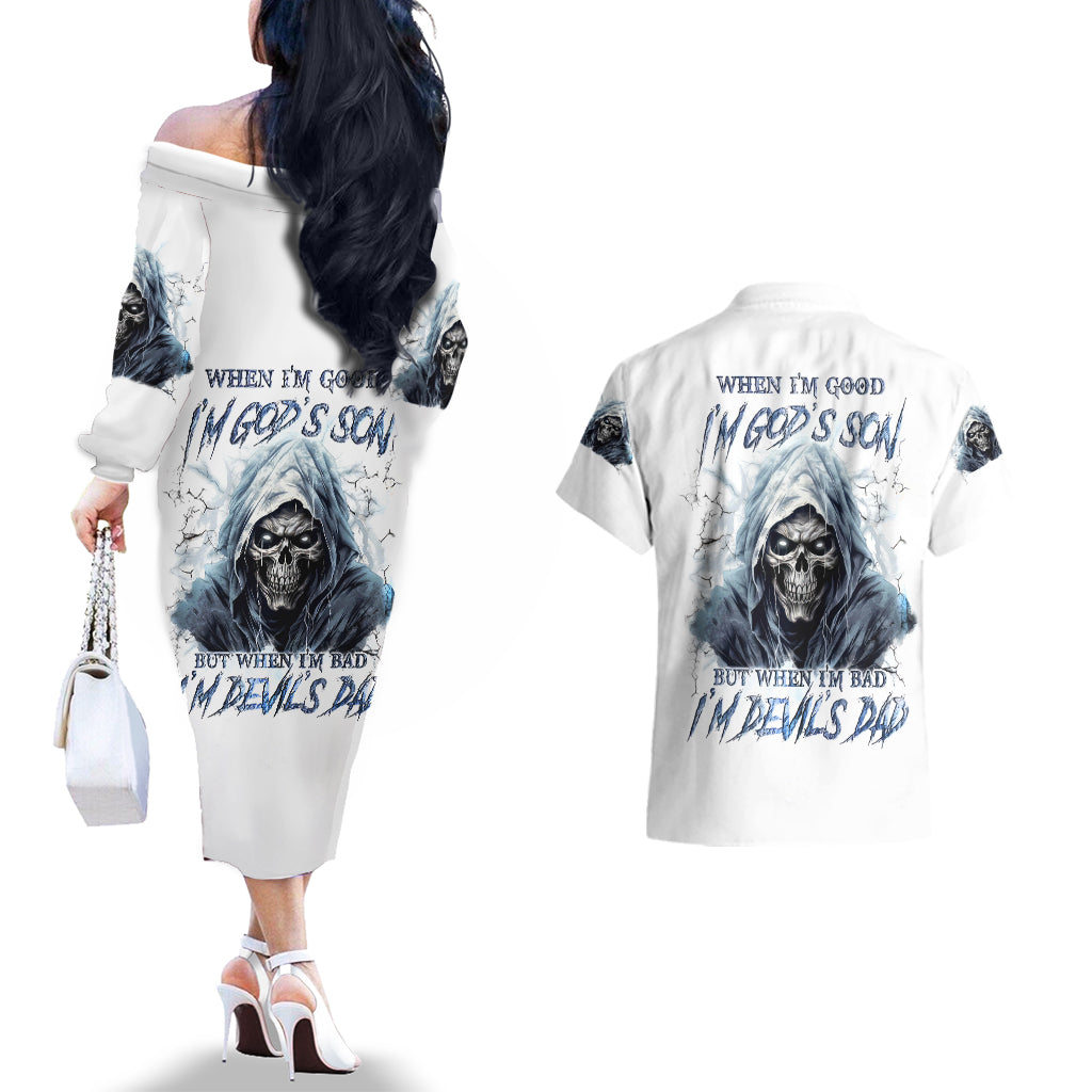 Death Skull Couples Matching Off The Shoulder Long Sleeve Dress and Hawaiian Shirt When I'm Good I God's Son But When I'm Bad I'm Devil's Dad - Wonder Print Shop