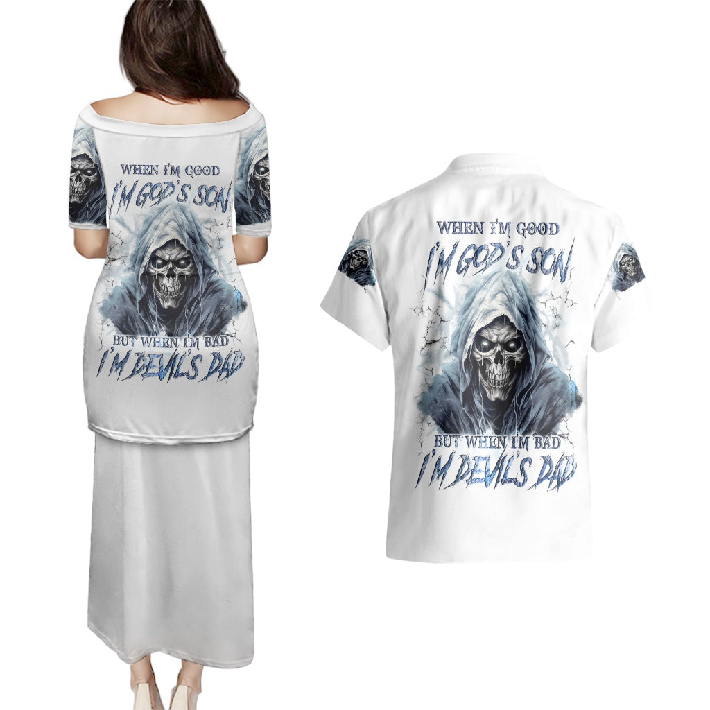 Death Skull Couples Matching Puletasi Dress and Hawaiian Shirt When I'm Good I God's Son But When I'm Bad I'm Devil's Dad - Wonder Print Shop