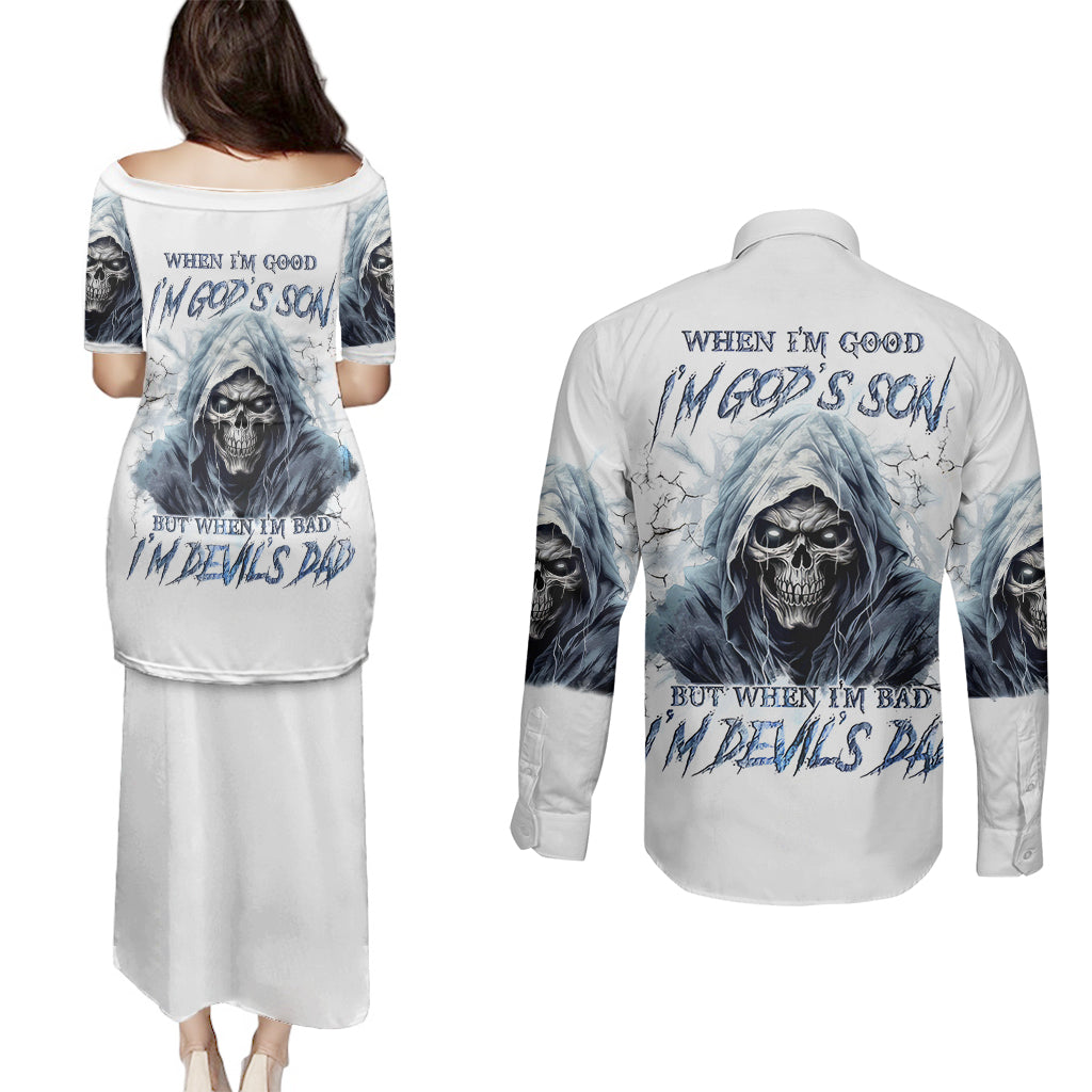 Death Skull Couples Matching Puletasi Dress and Long Sleeve Button Shirts When I'm Good I God's Son But When I'm Bad I'm Devil's Dad - Wonder Print Shop