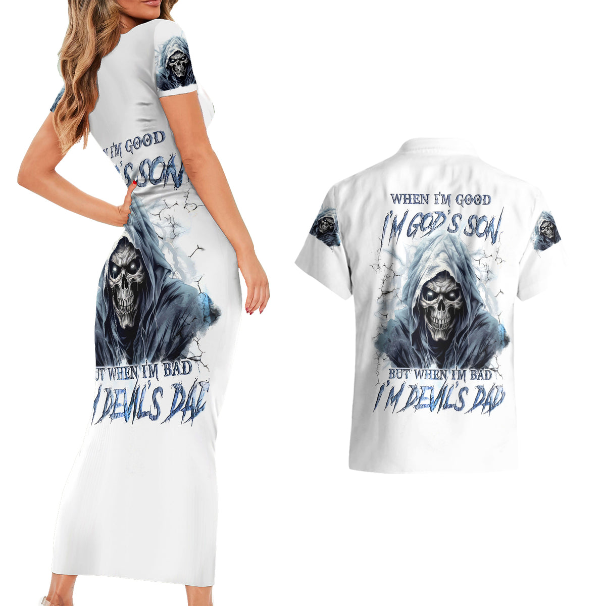 Death Skull Couples Matching Short Sleeve Bodycon Dress and Hawaiian Shirt When I'm Good I God's Son But When I'm Bad I'm Devil's Dad - Wonder Print Shop