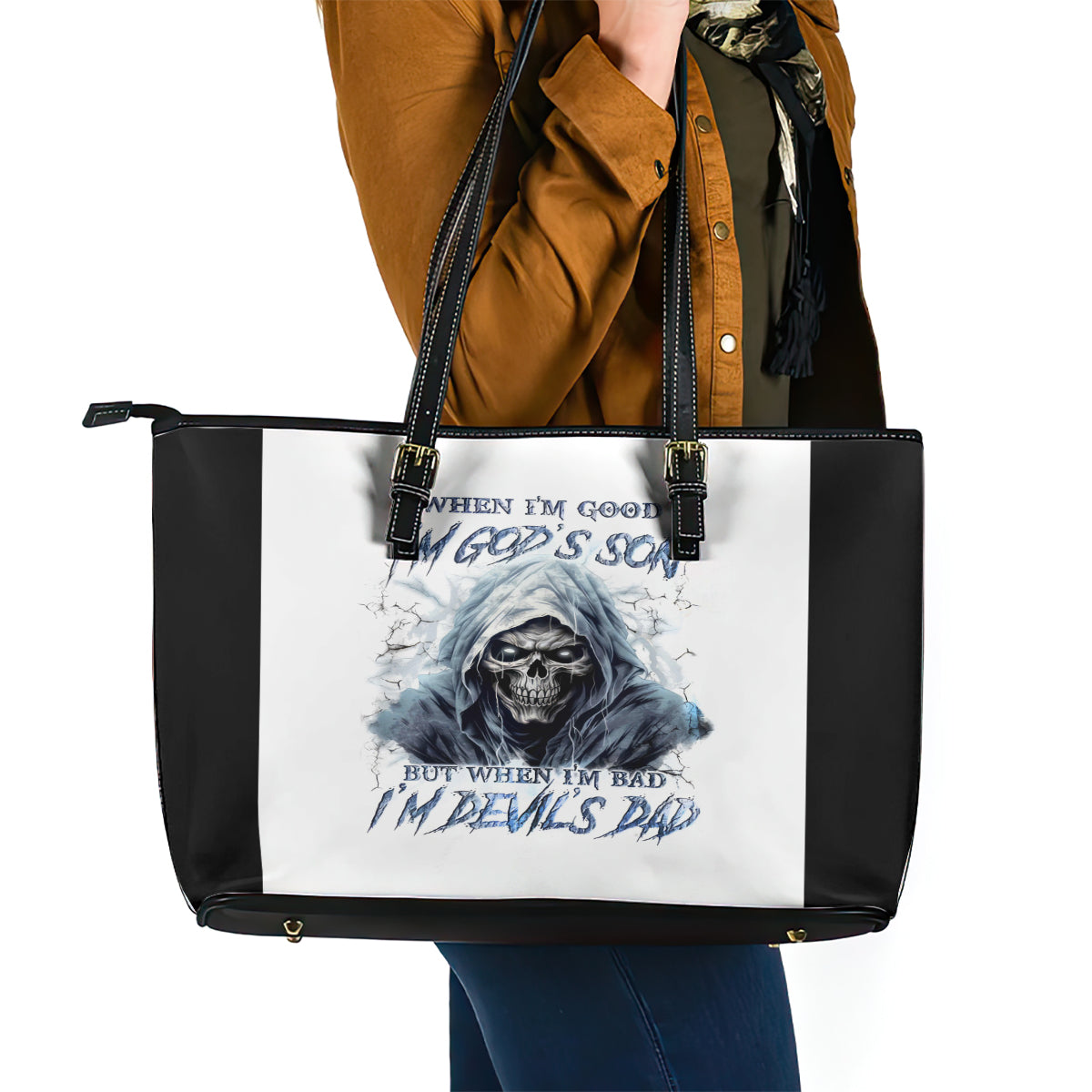 Death Skull Leather Tote Bag When I'm Good I God's Son But When I'm Bad I'm Devil's Dad - Wonder Print Shop