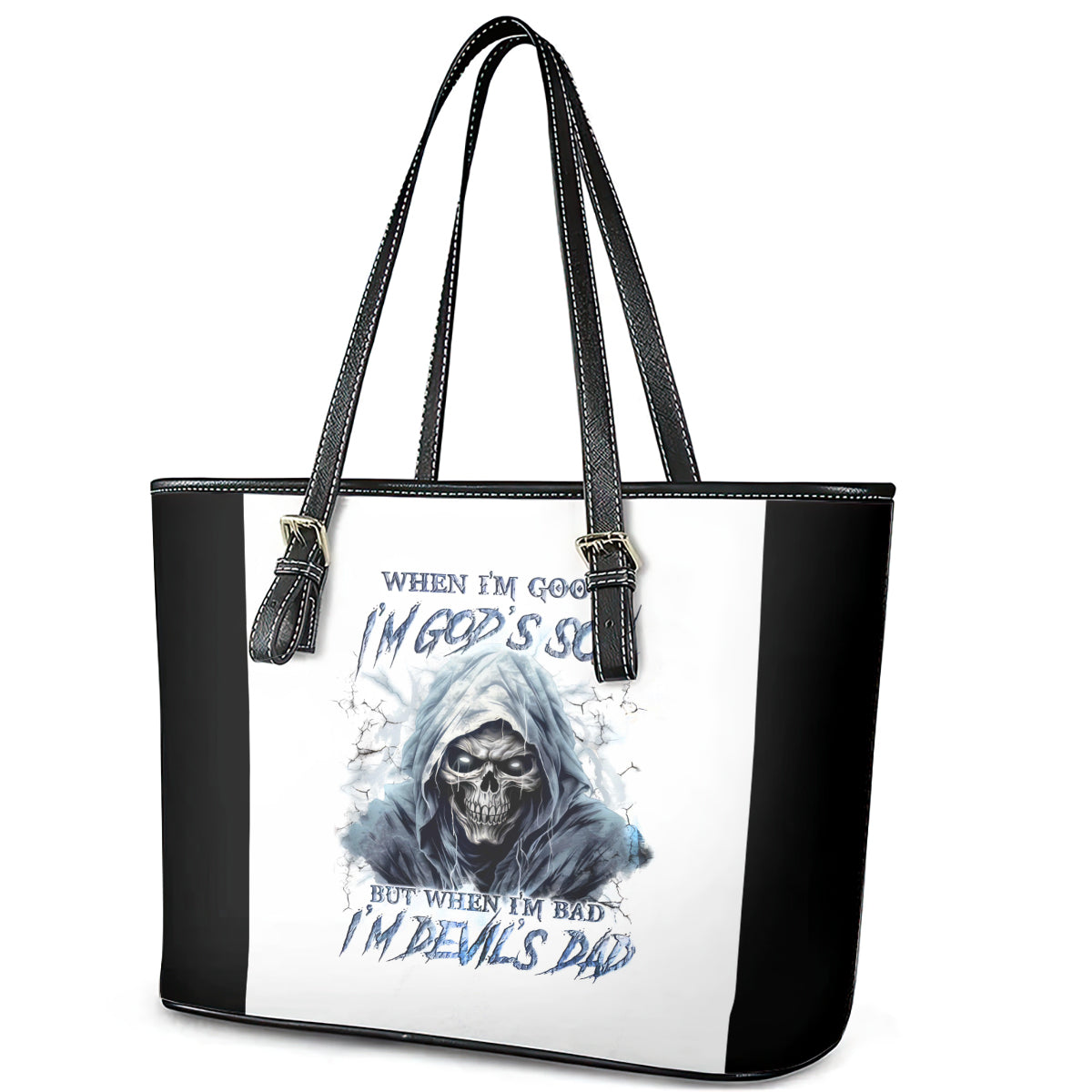 Death Skull Leather Tote Bag When I'm Good I God's Son But When I'm Bad I'm Devil's Dad - Wonder Print Shop