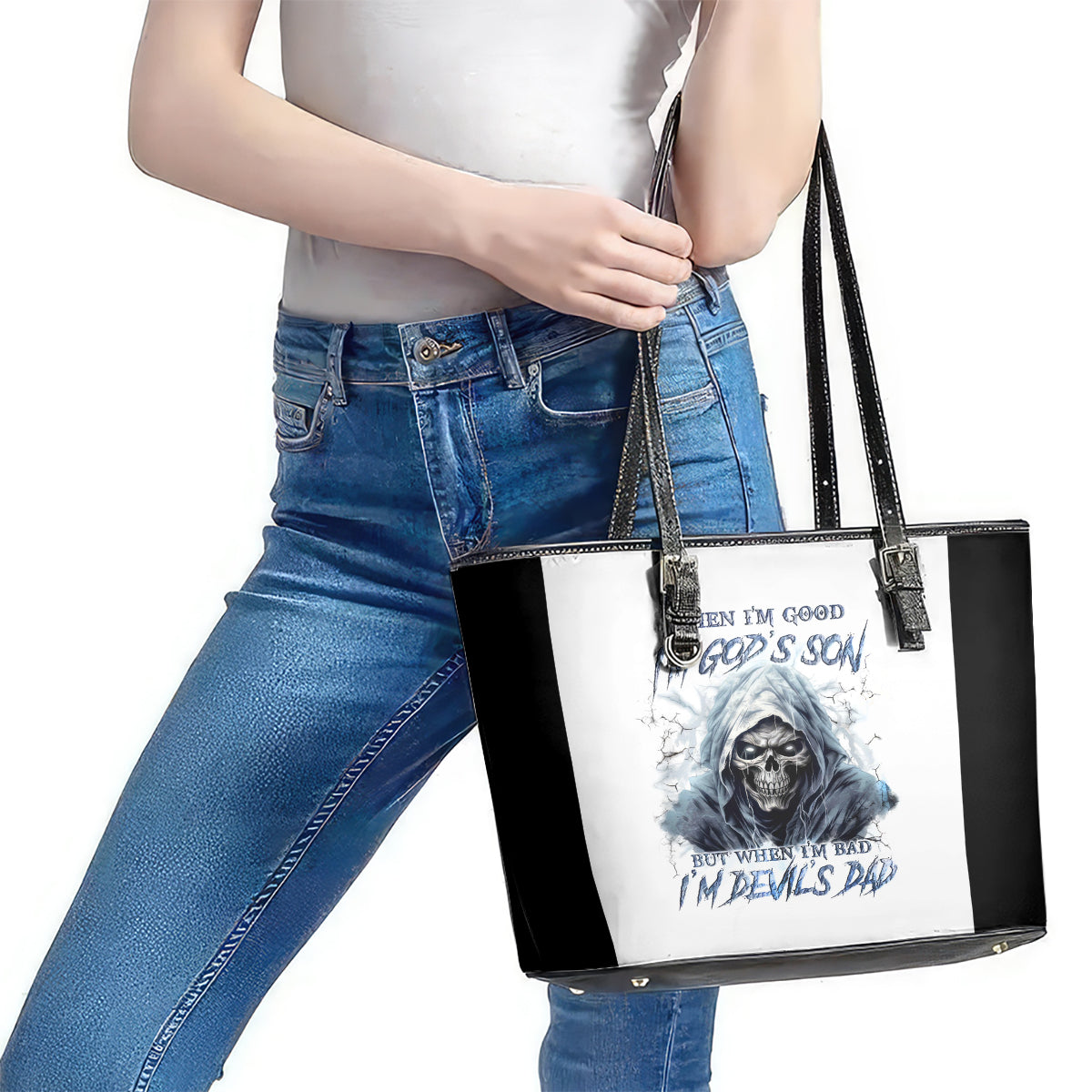 Death Skull Leather Tote Bag When I'm Good I God's Son But When I'm Bad I'm Devil's Dad - Wonder Print Shop