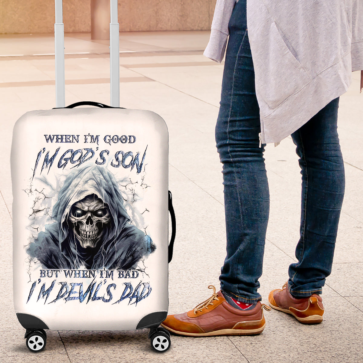 Death Skull Luggage Cover When I'm Good I God's Son But When I'm Bad I'm Devil's Dad - Wonder Print Shop