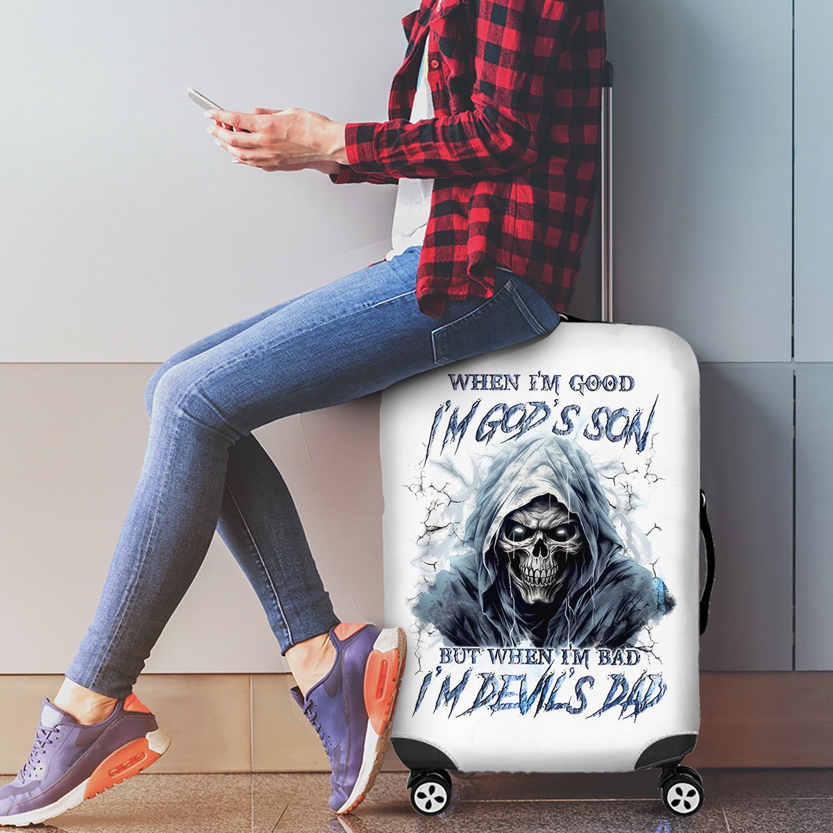 Death Skull Luggage Cover When I'm Good I God's Son But When I'm Bad I'm Devil's Dad - Wonder Print Shop