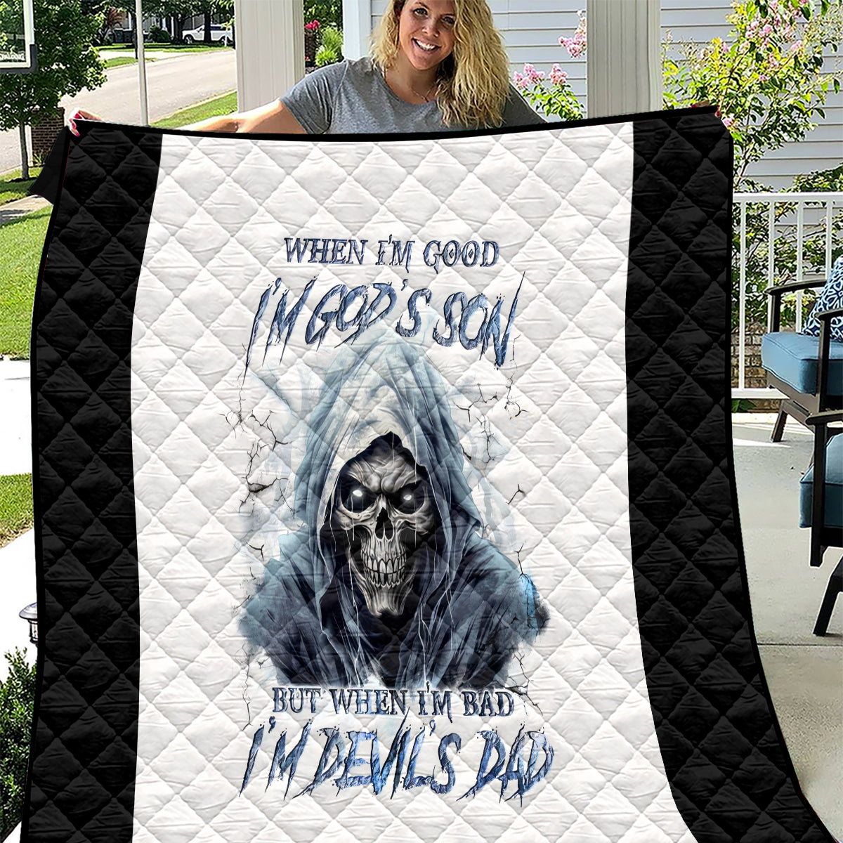 Death Skull Quilt When I'm Good I God's Son But When I'm Bad I'm Devil's Dad - Wonder Print Shop