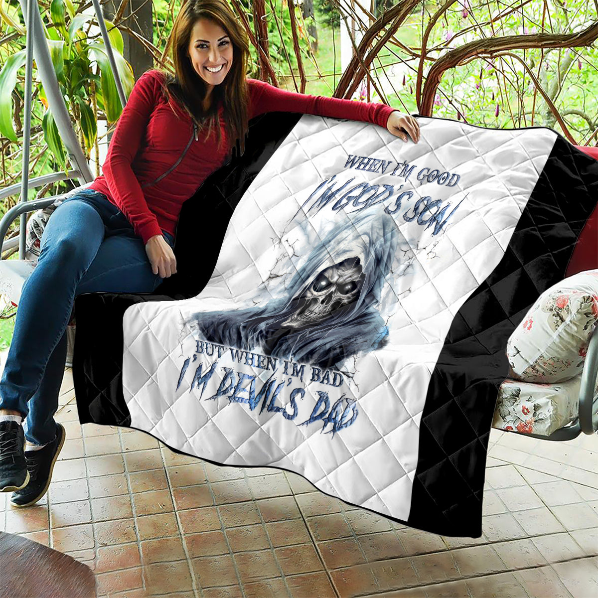 Death Skull Quilt When I'm Good I God's Son But When I'm Bad I'm Devil's Dad - Wonder Print Shop