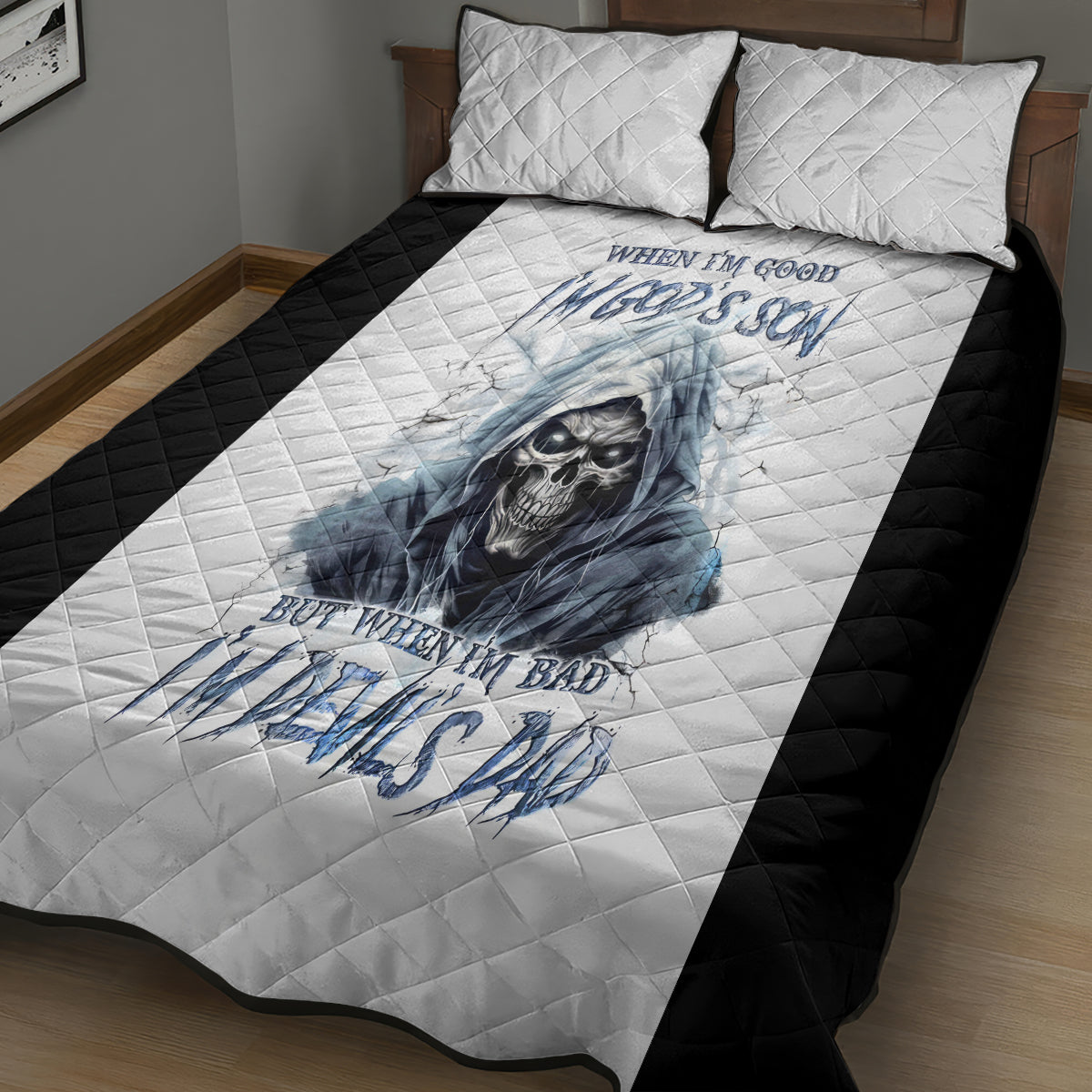 Death Skull Quilt Bed Set When I'm Good I God's Son But When I'm Bad I'm Devil's Dad - Wonder Print Shop