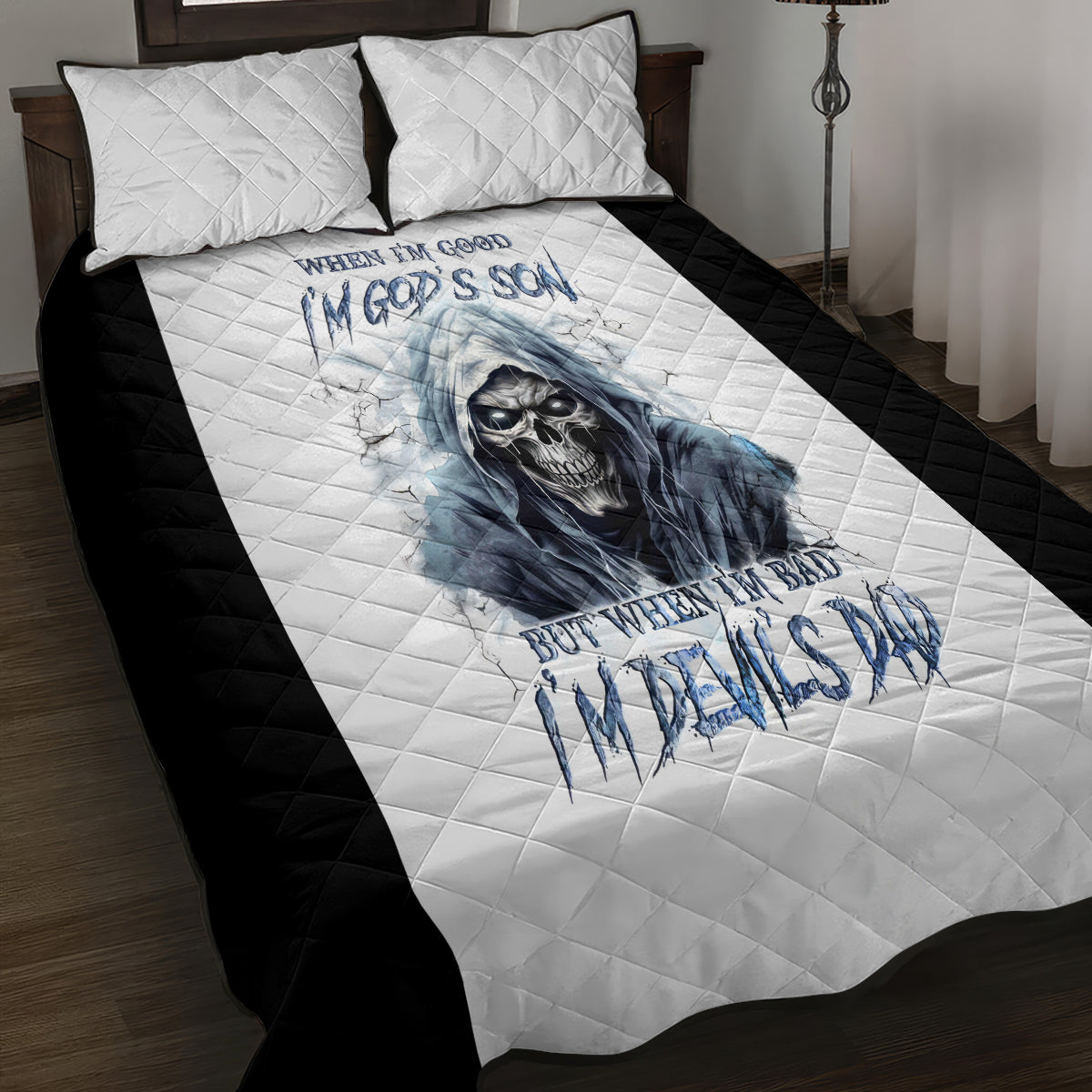 Death Skull Quilt Bed Set When I'm Good I God's Son But When I'm Bad I'm Devil's Dad - Wonder Print Shop