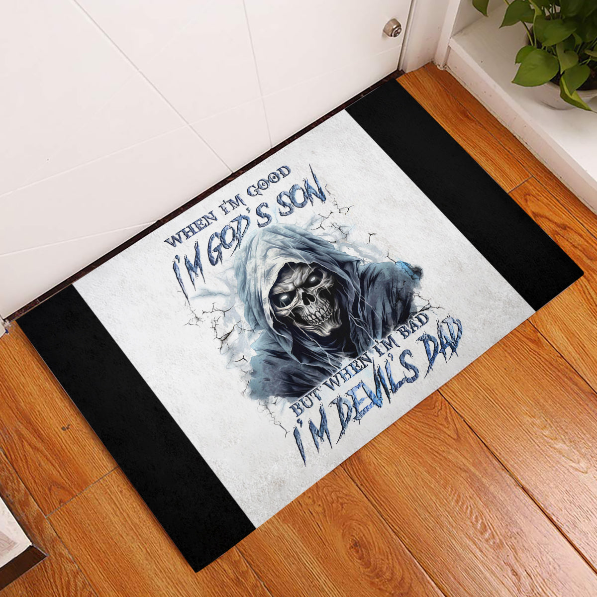 Death Skull Rubber Doormat When I'm Good I God's Son But When I'm Bad I'm Devil's Dad - Wonder Print Shop