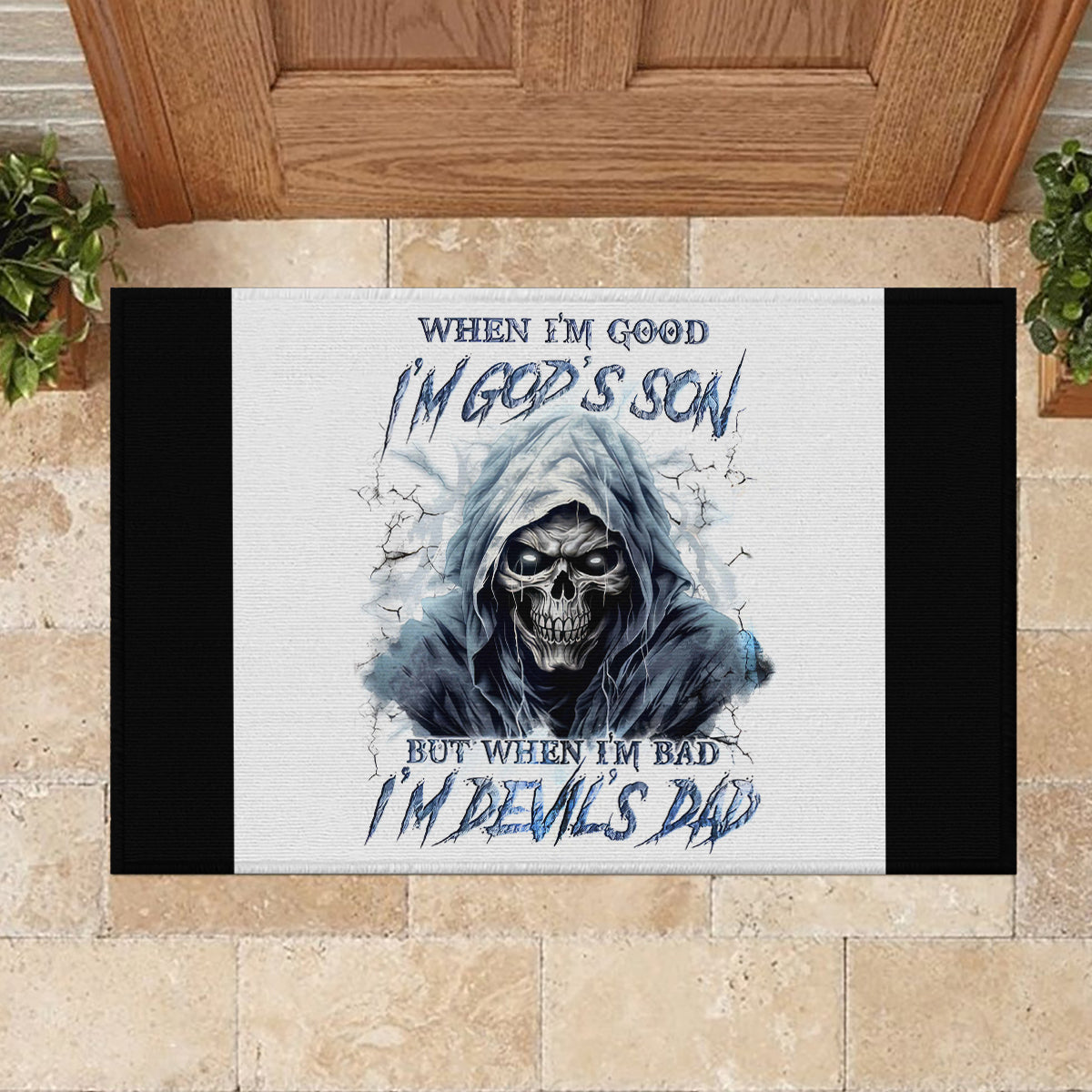 Death Skull Rubber Doormat When I'm Good I God's Son But When I'm Bad I'm Devil's Dad - Wonder Print Shop