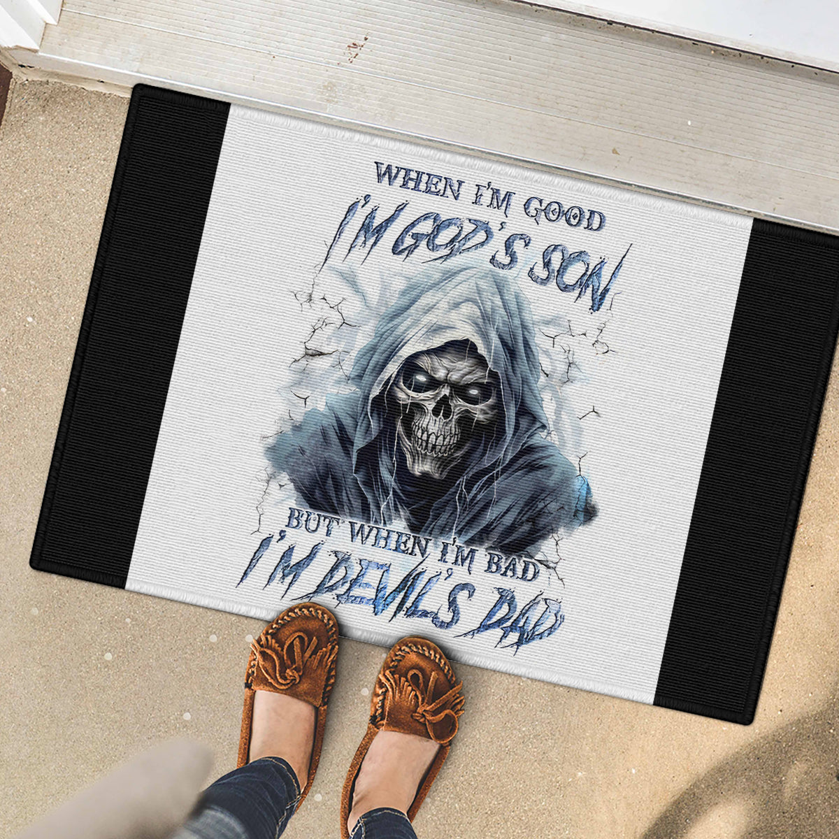 Death Skull Rubber Doormat When I'm Good I God's Son But When I'm Bad I'm Devil's Dad - Wonder Print Shop