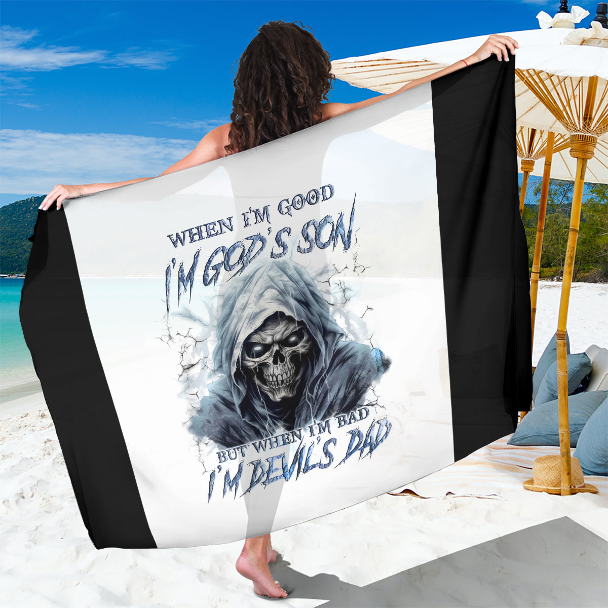 Death Skull Sarong When I'm Good I God's Son But When I'm Bad I'm Devil's Dad - Wonder Print Shop