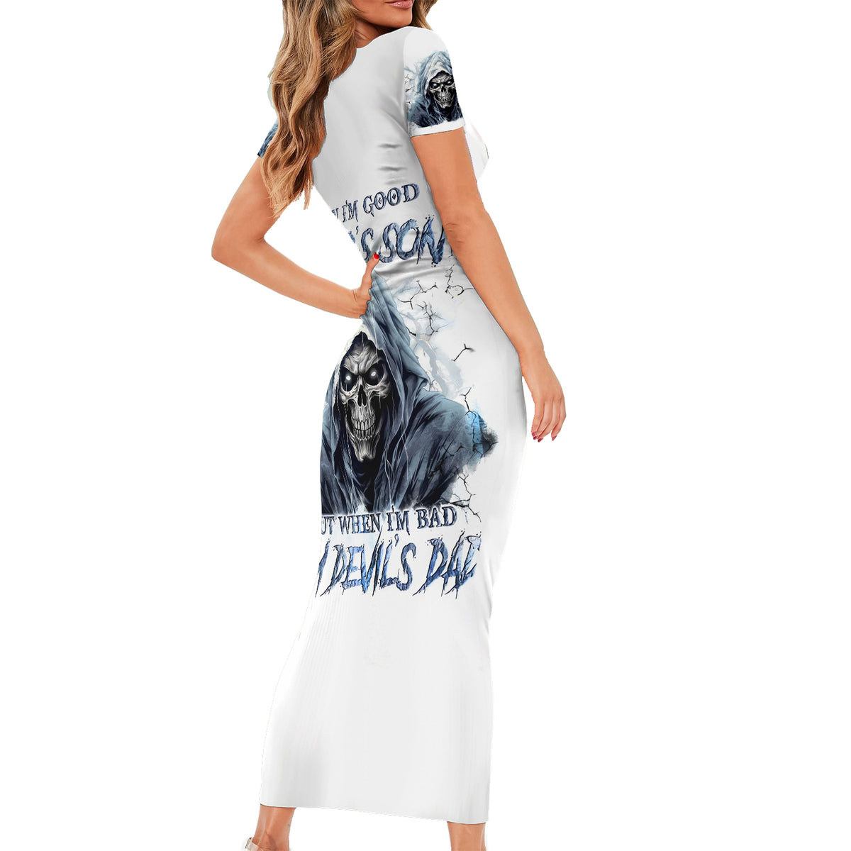 Death Skull Short Sleeve Bodycon Dress When I'm Good I God's Son But When I'm Bad I'm Devil's Dad - Wonder Print Shop