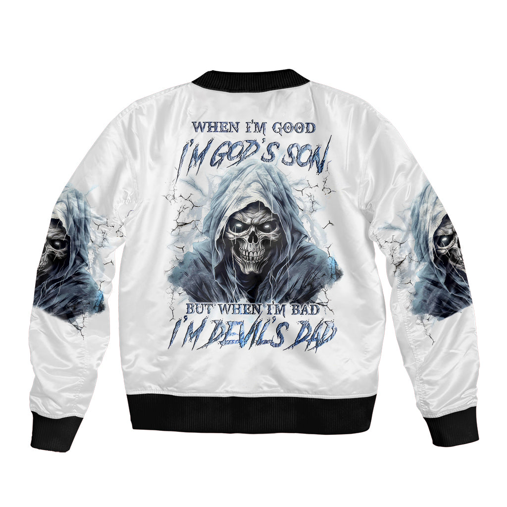 Death Skull Sleeve Zip Bomber Jacket When I'm Good I God's Son But When I'm Bad I'm Devil's Dad - Wonder Print Shop