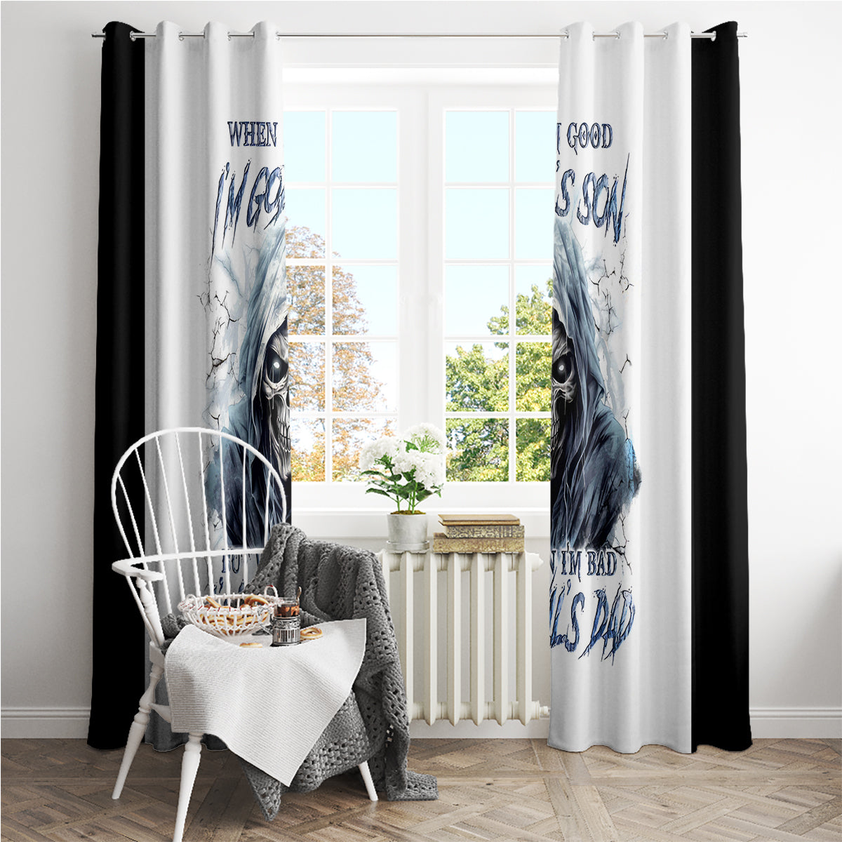 Death Skull Window Curtain When I'm Good I God's Son But When I'm Bad I'm Devil's Dad - Wonder Print Shop