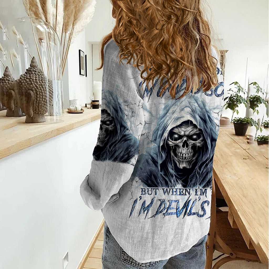 Death Skull Women Casual Shirt When I'm Good I God's Son But When I'm Bad I'm Devil's Dad - Wonder Print Shop
