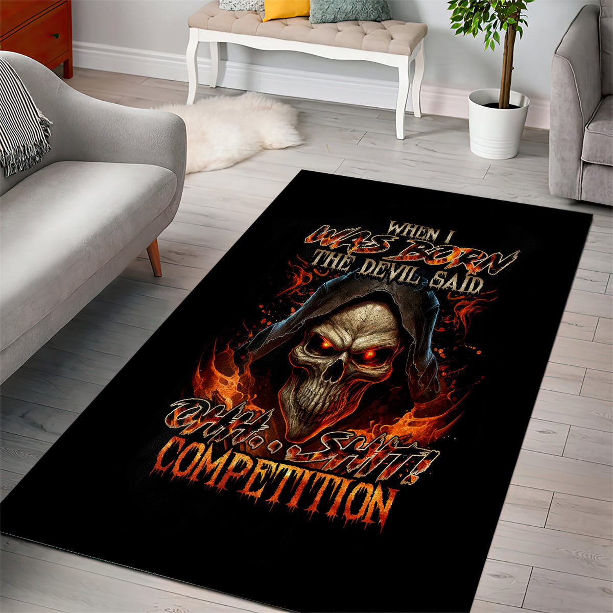 Flame Skull Area Rug When I Was Born The Devil Said Oh Shit Compettion - Wonder Print Shop