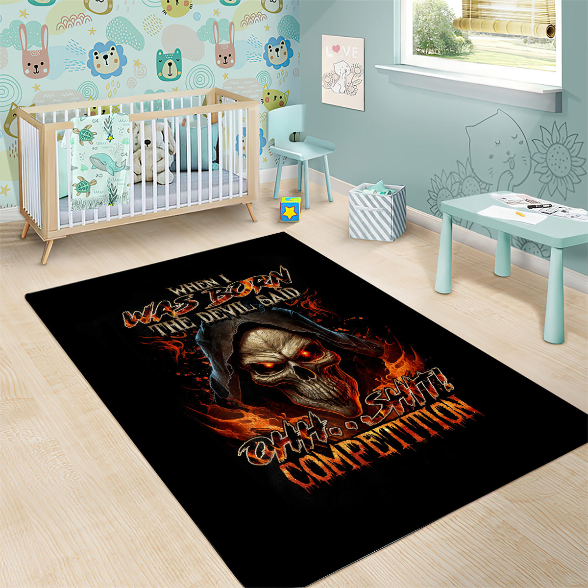 Flame Skull Area Rug When I Was Born The Devil Said Oh Shit Compettion - Wonder Print Shop
