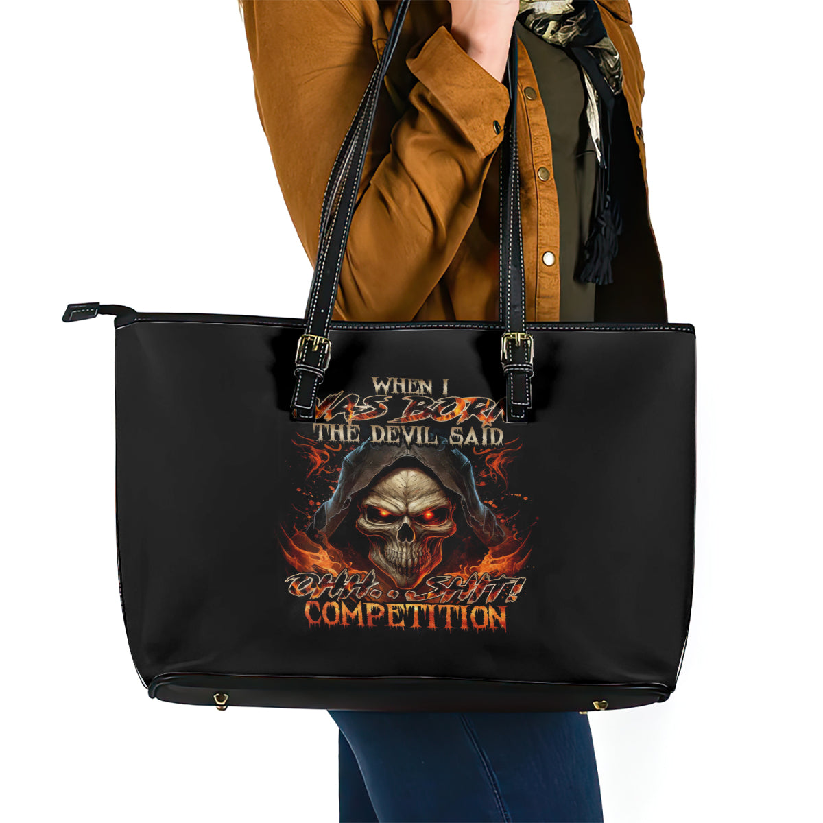 Flame Skull Leather Tote Bag When I Was Born The Devil Said Oh Shit Compettion - Wonder Print Shop