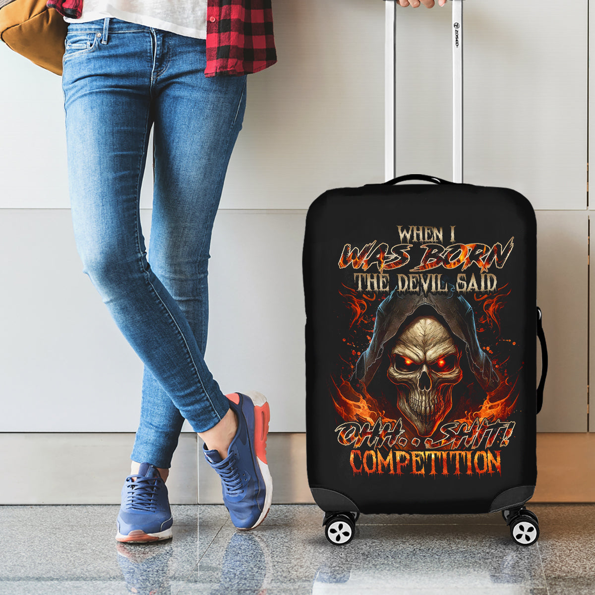 Flame Skull Luggage Cover When I Was Born The Devil Said Oh Shit Compettion - Wonder Print Shop