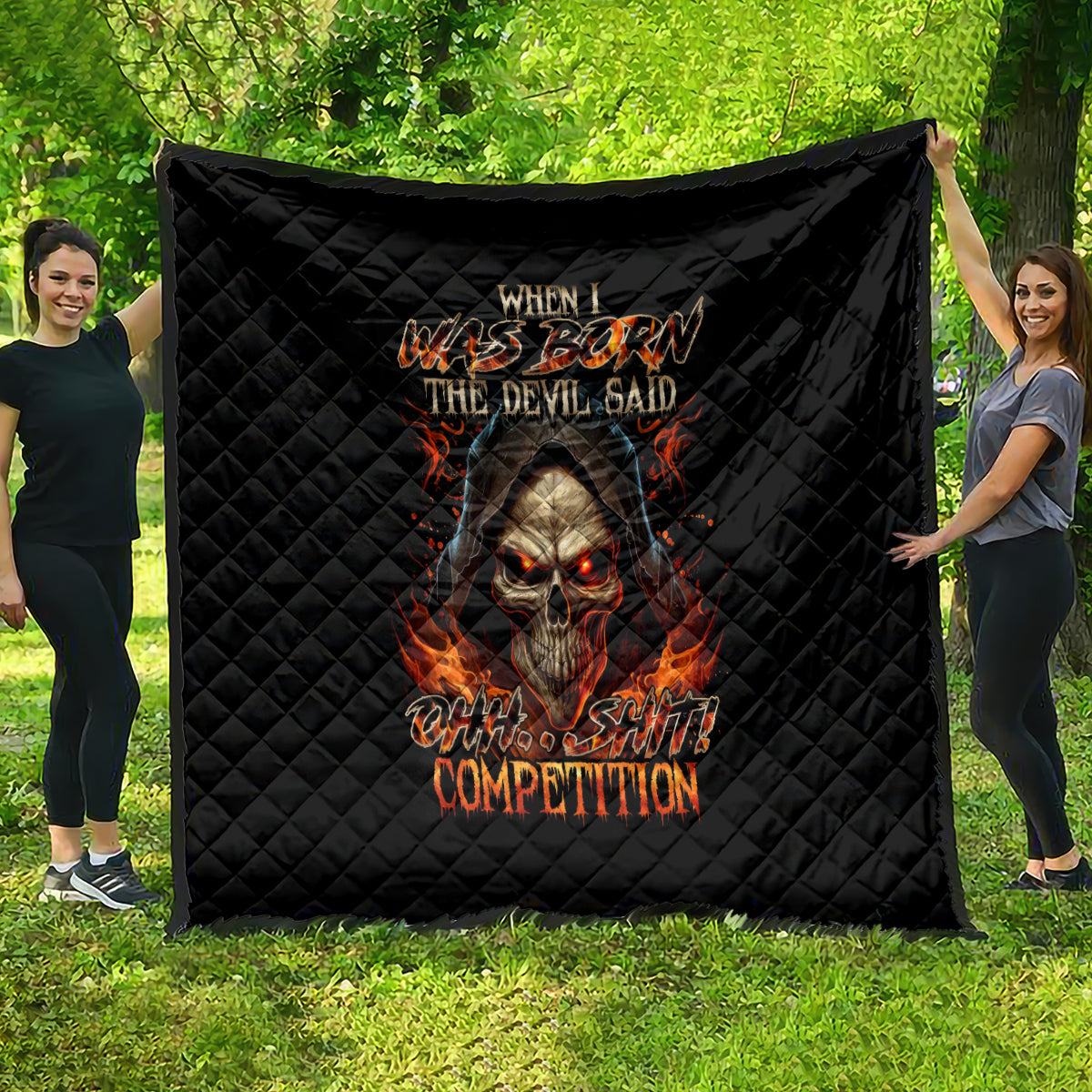Flame Skull Quilt When I Was Born The Devil Said Oh Shit Compettion - Wonder Print Shop