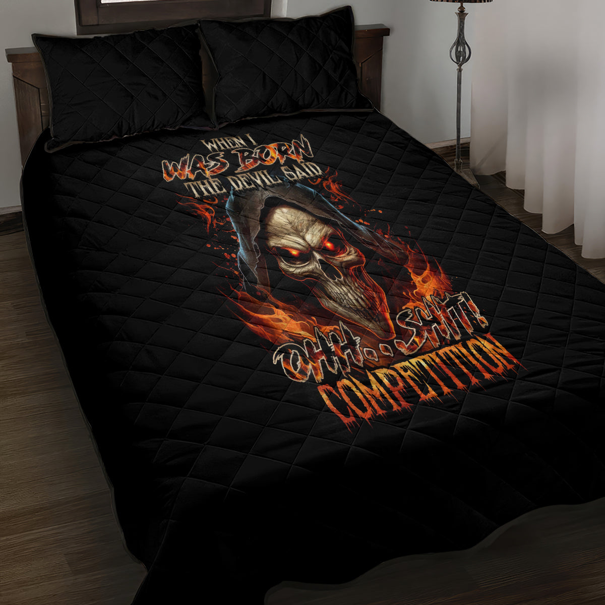 Flame Skull Quilt Bed Set When I Was Born The Devil Said Oh Shit Compettion - Wonder Print Shop