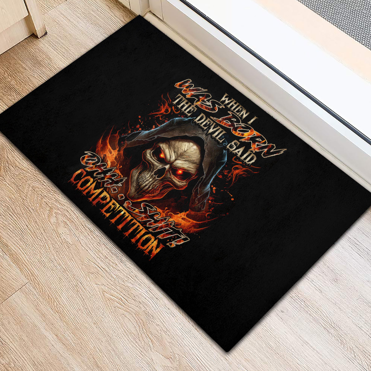 Flame Skull Rubber Doormat When I Was Born The Devil Said Oh Shit Compettion - Wonder Print Shop